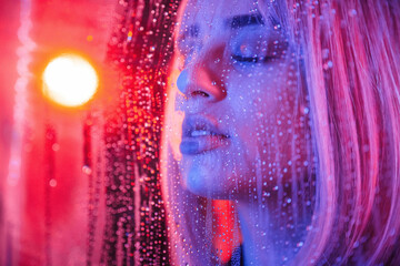 Feeling good, sensual look. Stylish woman with white hair is behind wet transparent plastic sheet