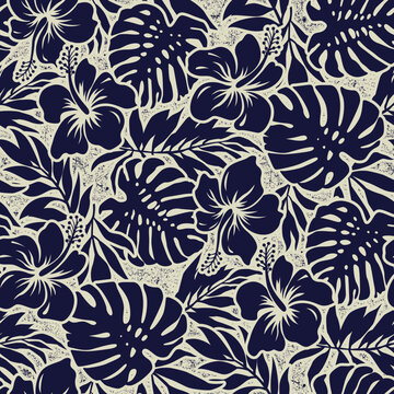 Blue Hibiscus Flowers With Tropical Leaves Wallpaper Vintage Vector Seamless Pattern 