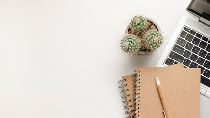 Workspace with notepad, laptop, office supplies and cactus plant on white wooden table, copy space....