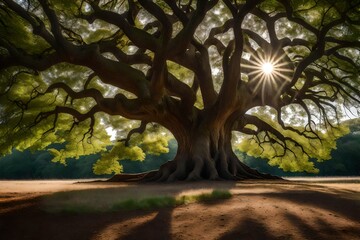 A majestic Large Oak Tree, its weathered branches stretching wide and gnarled, casting dappled shadows on the ground