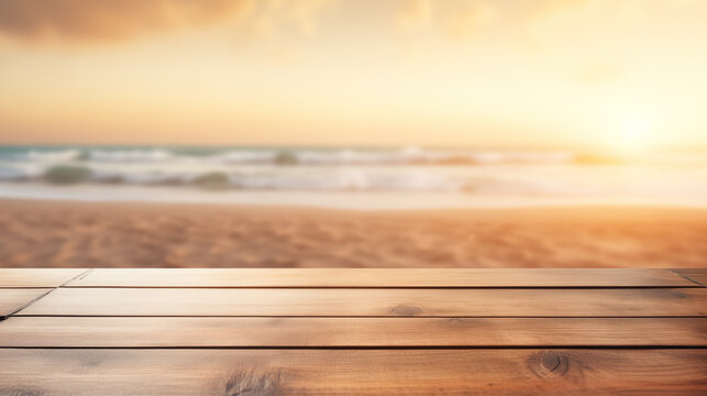Empty wooden table with background of the sea, space for text marketing promotion