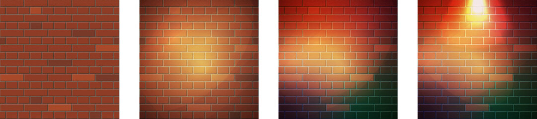 The red brick wall square format background set has a bright lamp light in the center. Vector illustration EPS10.