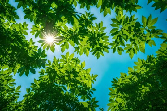 Fresh Green Leaves And Sky captured in a photograph, showcasing a canopy of vibrant green leaves against a clear blue sky