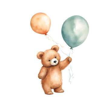 cute baby bear with balloons watercolor, New year party illustration