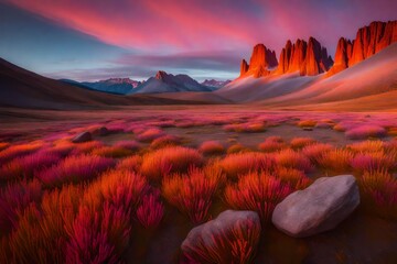 A rocky mountain meadow at dawn, the first light painting the landscape in hues of pink and orange, a serene and introspective scene