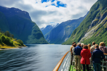 Group of tourists viewing Norwegian landscape from a cruice ship (generative ai) - obrazy, fototapety, plakaty