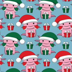 Seamless pattern with cute Christmas Axolotl