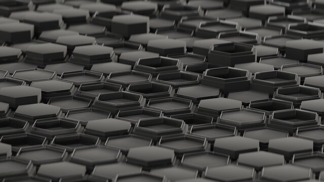 abstract hi-tech background of honeycomb panels, hexagonal dark design, black material and glass,