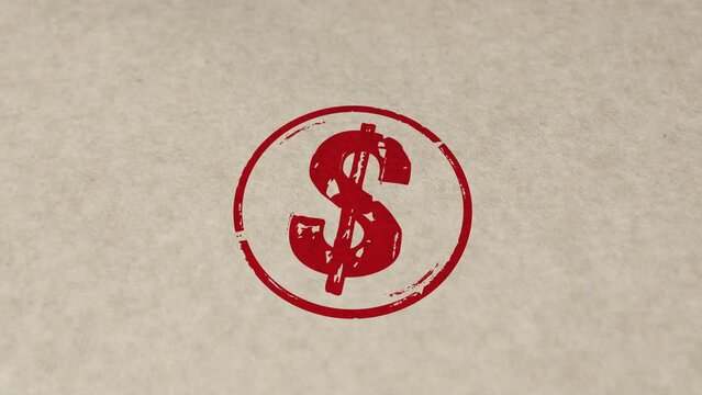 Dollar symbol stamp and hand stamping impact animation. USD american money USA sign 3D rendered concept.