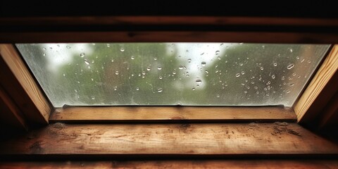 An ajar roof window in the attic, with raindrops , concept of Translucent glass