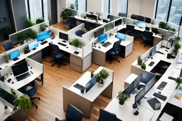 View from above of an active open-plan office. - obrazy, fototapety, plakaty