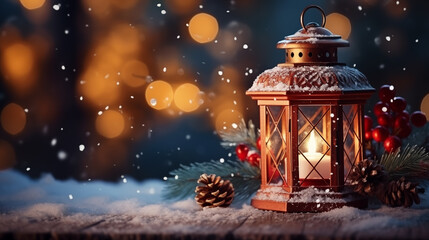 Christmas vintage lantern in the snow. Christmas and Happy New Year background