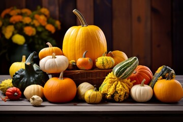 A delightful fall scene showcasing an assortment of pumpkins amidst a backdrop of fallen leaves and traditional decorations