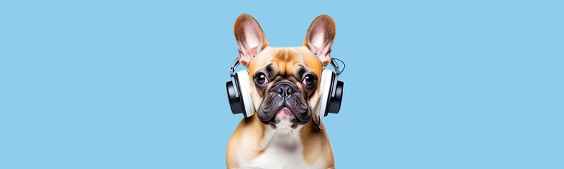 Fototapeta premium Funny dog with headphones on a color background.
