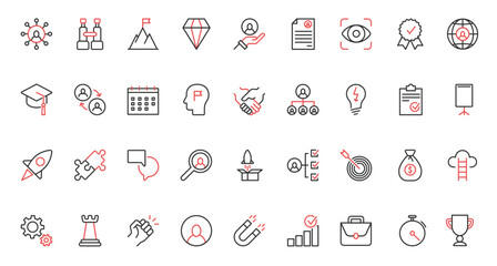 Red black thin line icons set for business challenge and motivation for career growth, professional ambitions and risks, success leadership and launch finance projects vector illustration.