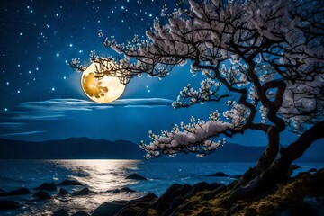 fantastical setting. Branch of a cherry tree in blossom, full moon over the ocean under a starry sky.