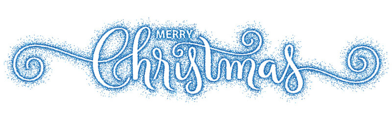 MERRY CHRISTMAS vector brush calligraphy banner with blue confetti on white background
