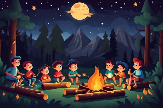 At night, kids gather in the woods around a campfire, roast marshmallows, and tell spooky stories. At a campsite, kids gather around a fire on logs. 