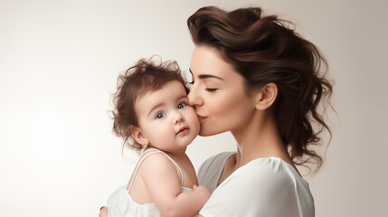 Mother's day. Young Caucasian woman kissing her young daughter (baby), isolated in plain white background, copy space. - obrazy, fototapety, plakaty