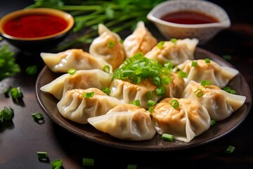An appetizing snapshot of homemade wontons served on a traditional plate, complemented by a tangy sauce and spring onions