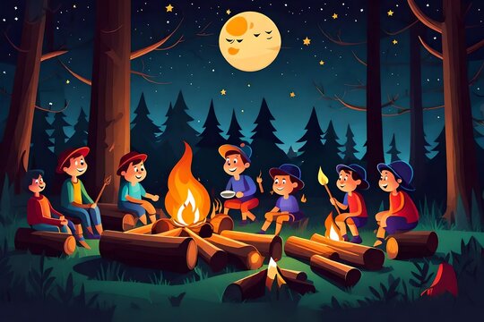 At night, kids gather in the woods around a campfire, roast marshmallows, and tell spooky stories. At a campsite, kids gather around a fire on logs. Stars and the moon in the sky