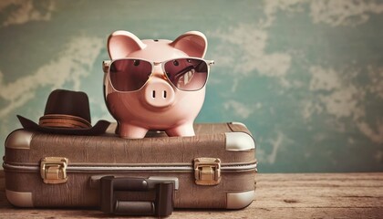 Pig piggy bank with glasses and a suitcase is preparing for vacation - obrazy, fototapety, plakaty