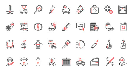 Care and maintenance technology for car including computer diagnostics, charge battery of electric vehicle, and check air pressure in tyres. Trendy red black thin line icons set vector illustration.