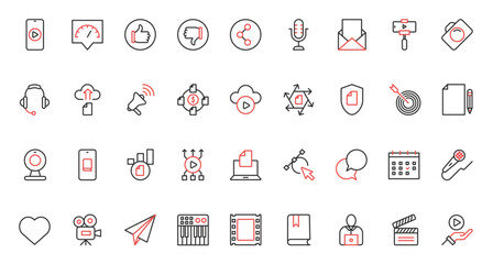 Content creation trendy red black thin line icons set vector illustration. Digital marketing, storytelling in social media, online patent for author and original text protection, creative blog design.