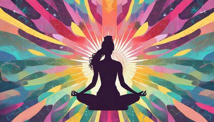  Silhouette of woman in lotus yoga position on the abstract positive energy background