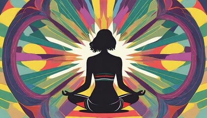  Silhouette of woman in lotus yoga position on the abstract positive energy background