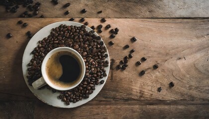 top view of coffee cup with coffee beans on wooden board