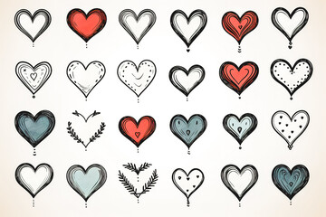 Collection of drawn hearts in flat style, Valentine's Day greeting card design.