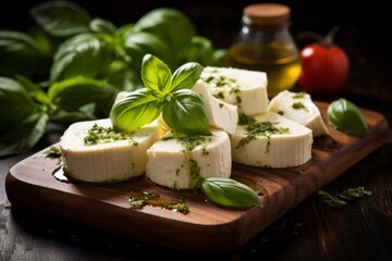 Organic mozzarella cheese served with a drizzle of olive oil and fresh basil on a wooden board
