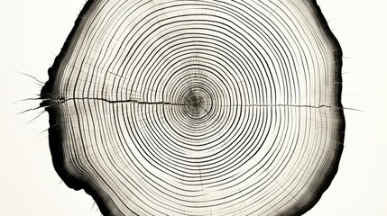 A graphic print of uneven black tree rings, wavy space between some rings isolated on white background. Wood rings
