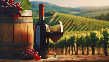 Red Wine Bottle, Glass, and Wooden Barrel in Harmony