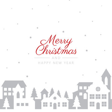 Vector Christmas card with pictures of houses and text: Merry Christmas and Happy New Year. White background