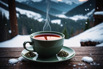 Tee im Schnee: Nahaufnahme einer Tasse Kräutertee auf einem Holztisch, umgeben von einer...