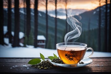 Tee im Schnee: Nahaufnahme einer Tasse Kräutertee auf einem Holztisch, umgeben von einer verschneiten Landschaft im Freien, leicht dampfend - obrazy, fototapety, plakaty