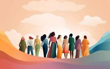 International women day graphic poster, different confident women walking, feministic concept. Diversity illustration. Community picture, pastel earthy colors. AI Generative