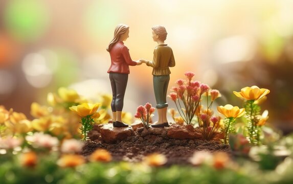 International women day design with two old ladies in the garden. Diversity concept, women support each other. Miniature figure photo. Community concept, queer couple. Bokeh, de focus. AI Generative