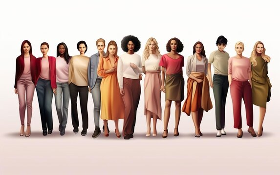 International women day poster, various photorealistic women standing together in a line, diversity illustration. Neutral office picture, front view, corporative community concept. AI Generative
