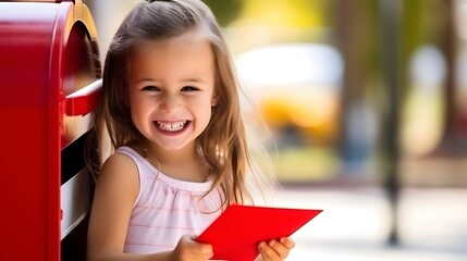 A young girl excitedly posts her Christmas list to Santa in a bright red, traditional post box