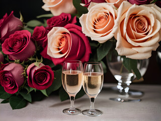 Valentines Days cozy ambiance: hearts champagne roses.
