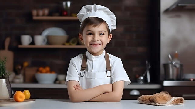 Caucasian kid with smile dressed as a chef in the kitchen.