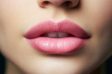 Lips augmentation concept, beautiful shinny plump lips closeup - obrazy, fototapety, plakaty