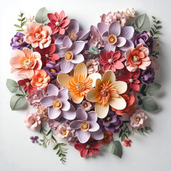 Heart shape made of multi-colored flowers, top view.