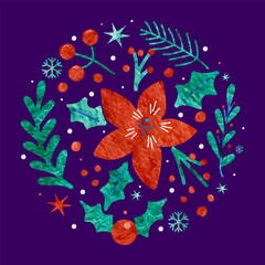 Fototapeta na wymiar Watercolor winter plant decoration. Plant, flowers and berry round print