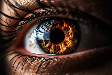 Brown man eye macro shot. Macro shot of a man eye with eyelashes. - Powered by Adobe