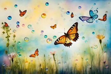 An enchanting meadow with bubbles floating, each encapsulating a unique butterfly in various stages of flight, the air filled with a sense of magic and wonder