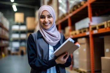 Fotobehang portrait of a smiling muslim female warehouse worker © Elena